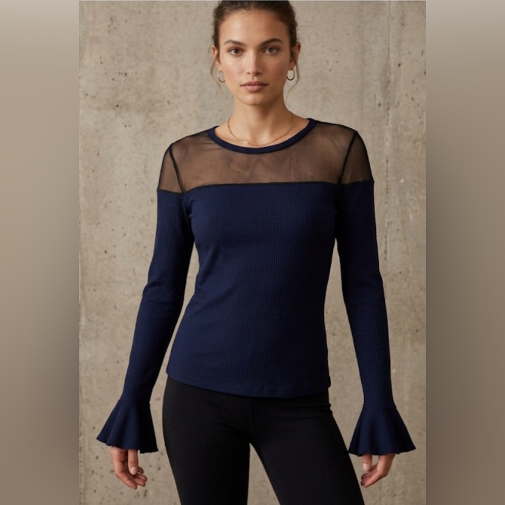Zara Navy Mesh Panel Long Sleeve Top With Flared Cuffs Size M - Picture 1 of 7